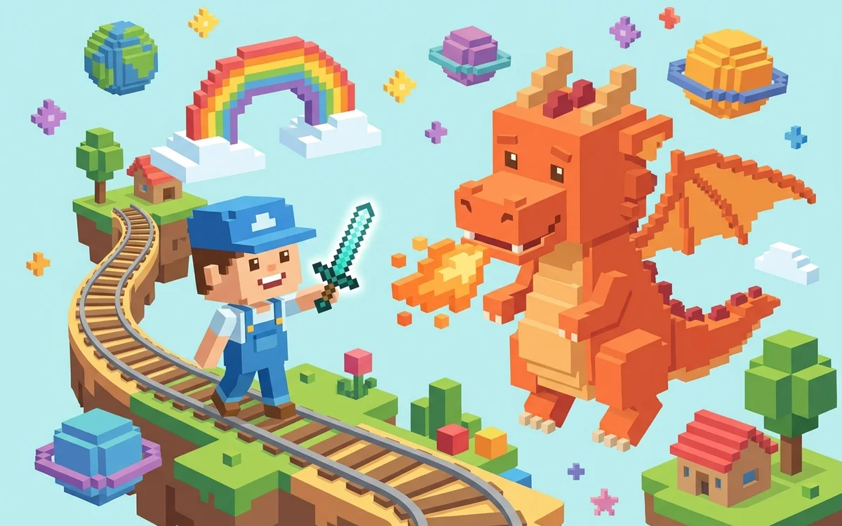 משחק הרכבות — ילד קובייתי עם חרב מול דרקון על מסילה בעולם קוביות
